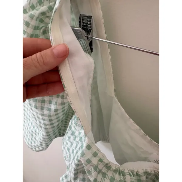 Lovers + Friends Green Gingham Puff Sleeve Crop Top Square Neck Ruffle Hem M - Image 3