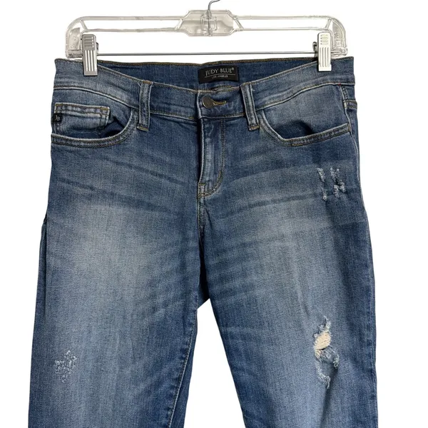 Judy Blue Distressed Skinny Jeans Blue Mid Rise Raw Hem Cuffed‎ Denim 30x28 - Image 3