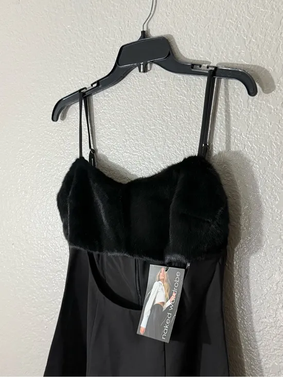 Naked Wardrobe Black Faux Fur Trim Mini Dress Sexy Date Night Club Prom Party M - Image 7