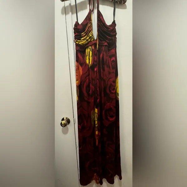 Alice + Olivia Silk V-Neck Halter Top Maxi Dress Red Orange Roses Size Large - Image 5