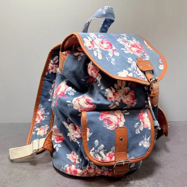 Candie’s Floral Canvas Cargo Pocket Backpack Blue Orange Y2K - Image 2