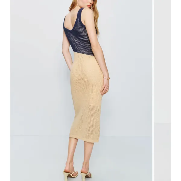 Toccin Blue Cream Crochet Midi Tank Dress SMALL Colorblock Knit Vacation $325 - Image 3