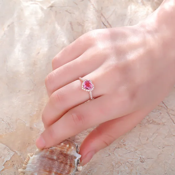 14K Rose Gold Plated Adjustable Pink Gemstone Crystal Love Heart Ring for Women - Image 3