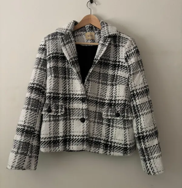 Elie Tahari Tweed Plaid Wool Blazer Size 8 - Image 3