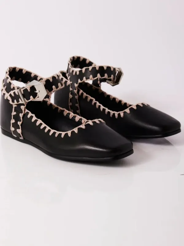 NWOB Free People Crochet Mystic Black Mary Jane Flats White Stitching Size 8.5 - Image 3