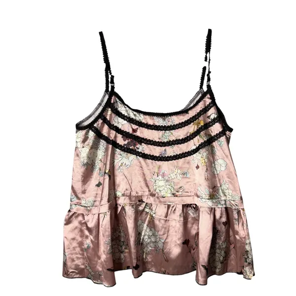 POL Pink Floral Butterfly Satin Lace Peplum Cami Top RCT860B Womens Medium - Image 2