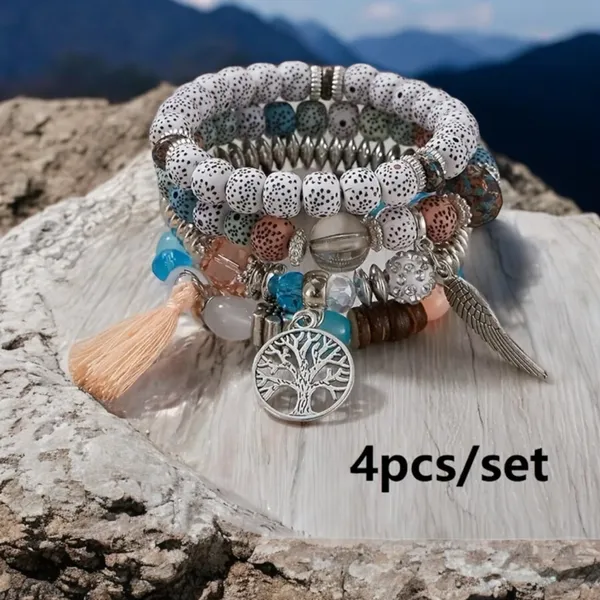 4pcs/set Bohemian Hand‎ String, Tree Of Life Feather Wings Pendant Bracelet - Image 3