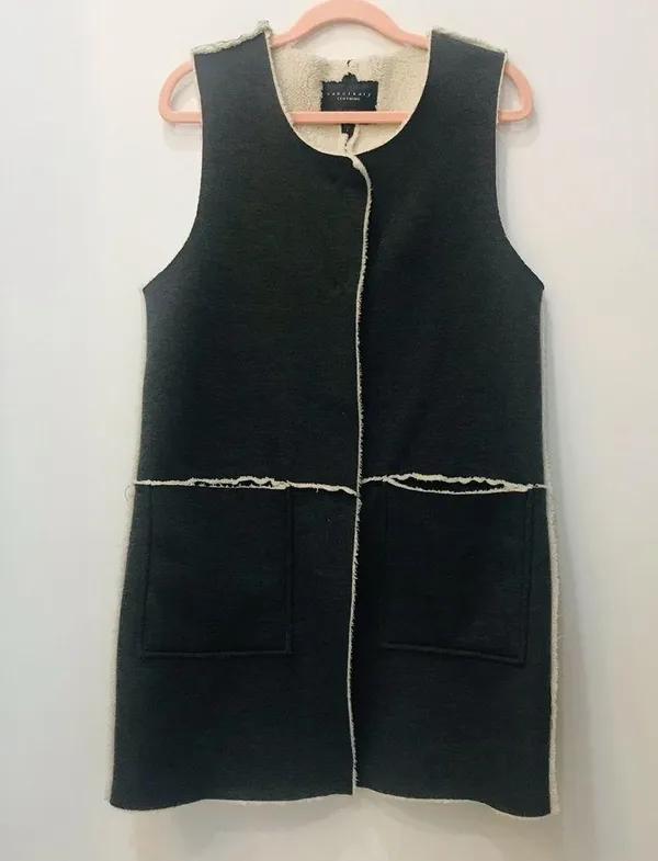 Sanctuary Sherpa Lined Vest Faux Suede Long Grey Pocket Snap Button small - Image 2