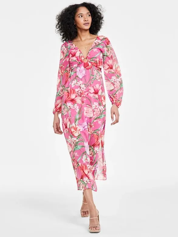 Pink Floral Midi Dress with Front Ring and Cutout Details - Image 2