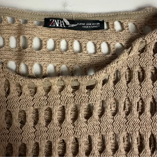 Zara Classic Open Knit Boho Crochet Lined Midi Length Dress in Tan Size Medium - Image 7
