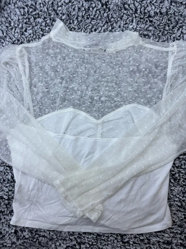 White Coquette Romantic Swiss Dot Mesh Long Sleeve Ruched Sweetheart Crop Top Size L - Image 6