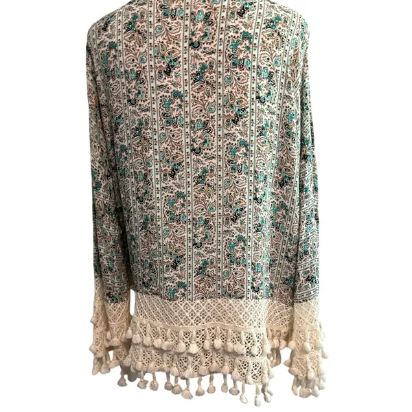 ENTRO Women's Floral Vest Type Open Cardigan Crochet Trim Wide Sleeves Sz L Chic - Image 3