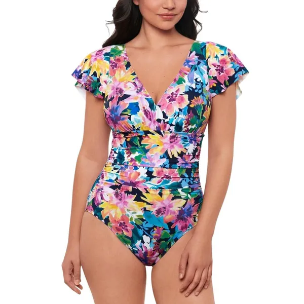 Swim Solutions Garden Dreams Flutter-Sleeve One-Piece Swimsuit Navy Blue Multi 8 - Image 6