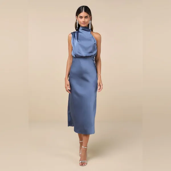 LULU’S Distinctive Charm Slate Blue Satin Asymmetrical Midi Dress - Image 6