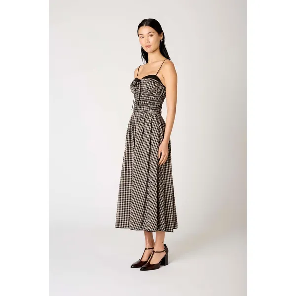NIA Black Tan Gingham Smocked Midi Thomas Dress Lace Trim Pockets Womens Medium - Image 14