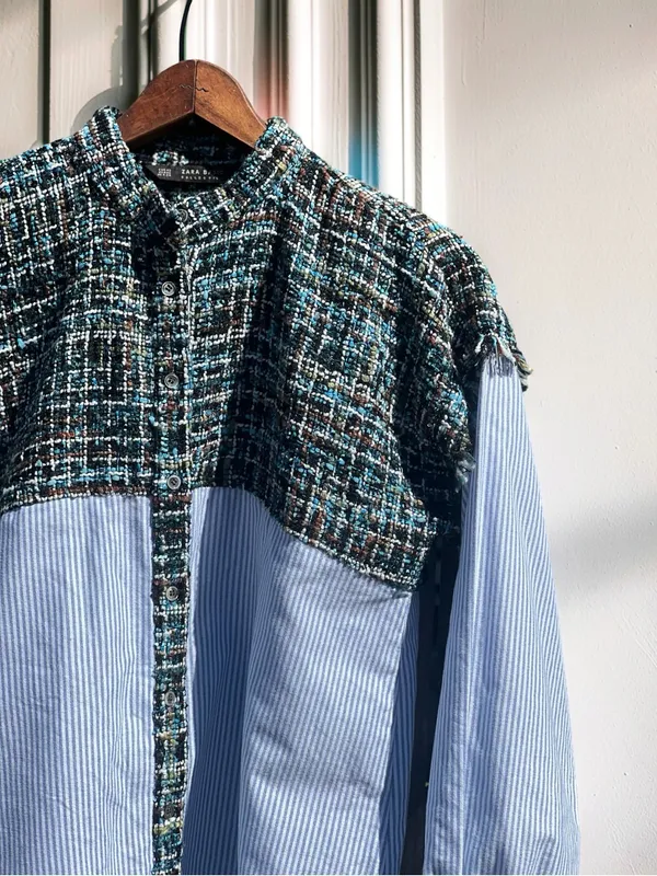 Zara Basic Collection Tweed Pinstripe Button-Down Shirt Size M - Image 4