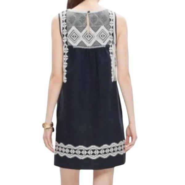 Madewell Navy Blue Linen Blend Aztec Embroidered Knee Length Dress Size Small - Image 2