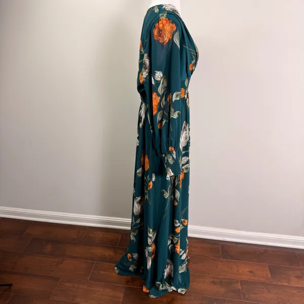 Baltic Born Olivia Teal Green Floral Smocked V-Neck Maxi Dress Long Sleeve 2XL - Image 5