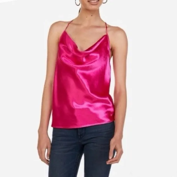 Express Satin Drape Front String Racerback Camisole Top Hot‎ Pink Medium - Image 2