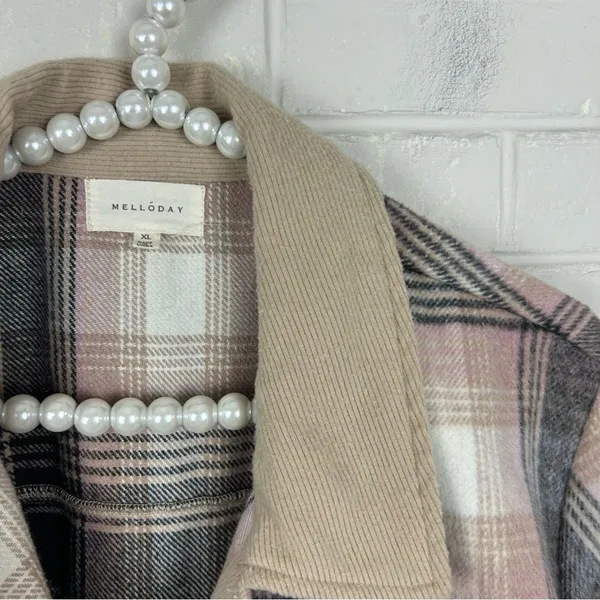 Melloday Pink Brown Plaid Long Line Button Front Shacket Size XL - Image 6