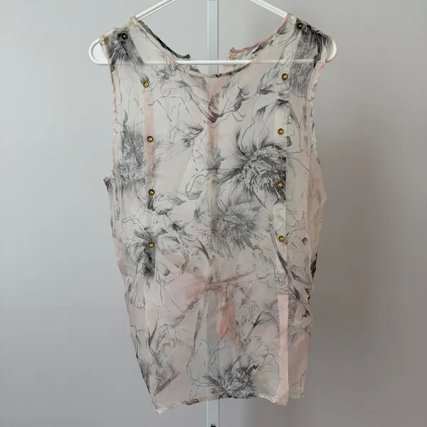 Silk Floral Boho Fairy Ethereal Tie Waist Sleeveless Blouse Pink Cream S - Image 4