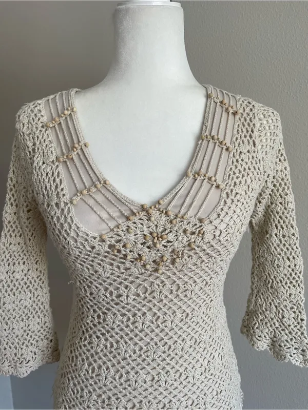 Wet Seal Beige Crochet V-Neck Knit Top - Image 2