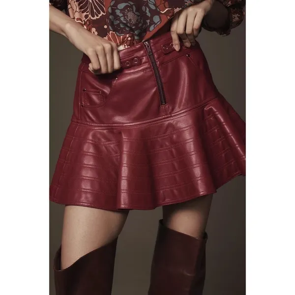 NWT!! Anthropologie PILCRO Fit-and-Flare Faux Leather‎ Mini Skirt Wine Moto 12 - Image 6