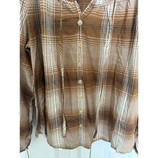 Blu Pepper Pullover Collared Top Faux Button Front Brown Plaid Size S - Image 9