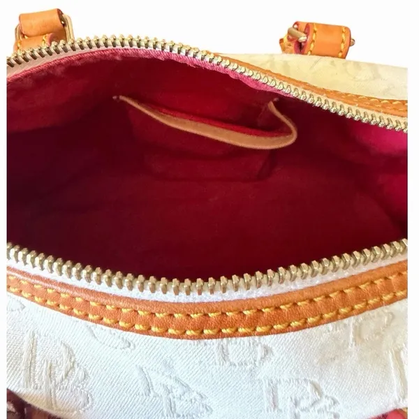 Vintage Dooney & Bourke White Monogram Canvas Barrel Satchel Bag Leather Trim - Image 13