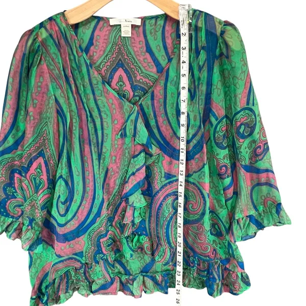 Anthropologie Trinity Blouse M Green‎ Silk Paisley Sheer Ruffle Forest Fairy Top - Image 7