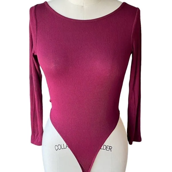 Burgundy Red Ribbed Bodysuit 1 Piece by BOZZOLO ~ Women's Size SMALL - Image 2