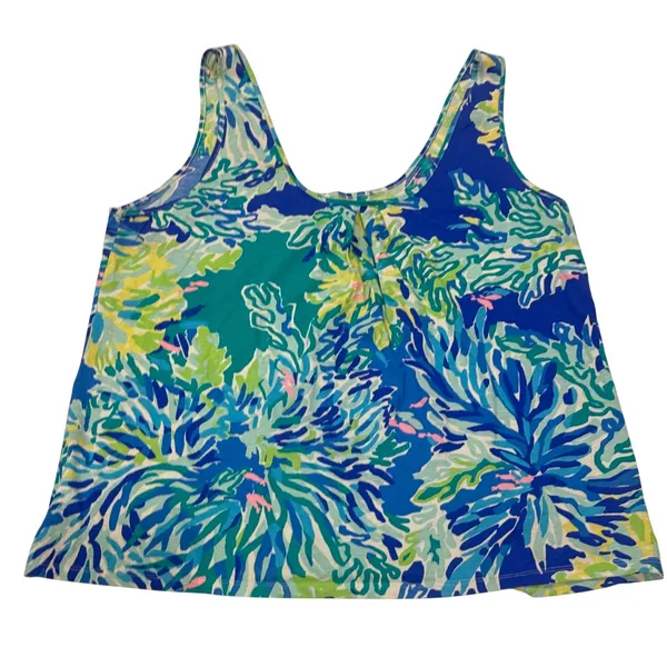 Lilly Pulitzer Tank Top Womens XL Blue Green Floral Pima‎ Cotton Fair *Flawed - Image 8