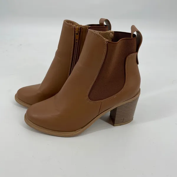 Women's Ankle Boots Chelsea Booties Side Zip Elastic Block Heel‎ Brown Size 8.5 - Image 2