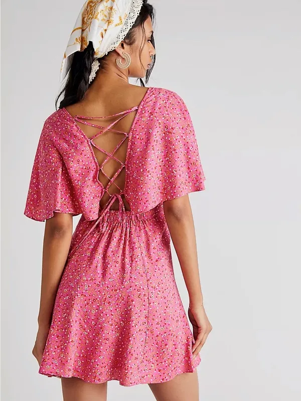 Free People Pink Floral Smocked Skater Dress Femme Florence Mini Medium - Image 2