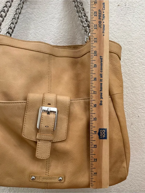 B. MAKOWSKY Beige Tan Pebbled Leather Chain Strap Tote Shoulder Bag - Image 10