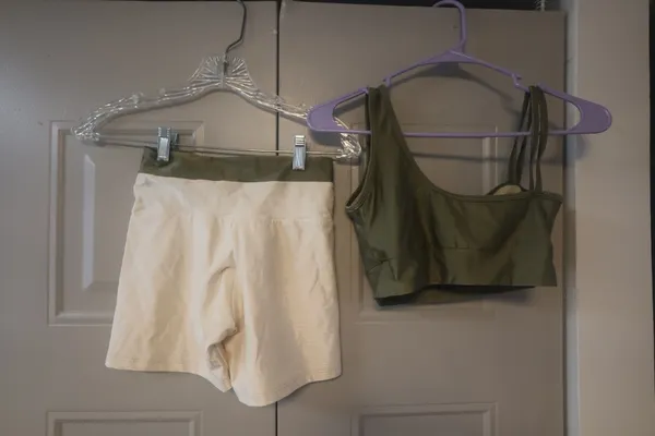 Workout exercise loungewear casual summer active shorts and one should top sports bra set in olive green and beige - Image 6