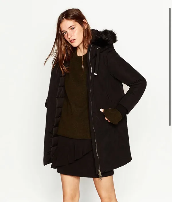 ZARA BASIC Outerwear long black jacket coat with fuzzy hood size small - Image 2
