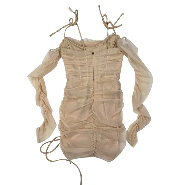 Oh Polly - Amiens Tie Mesh Dress with Long Sleeves in Nude & Tan - Image 5
