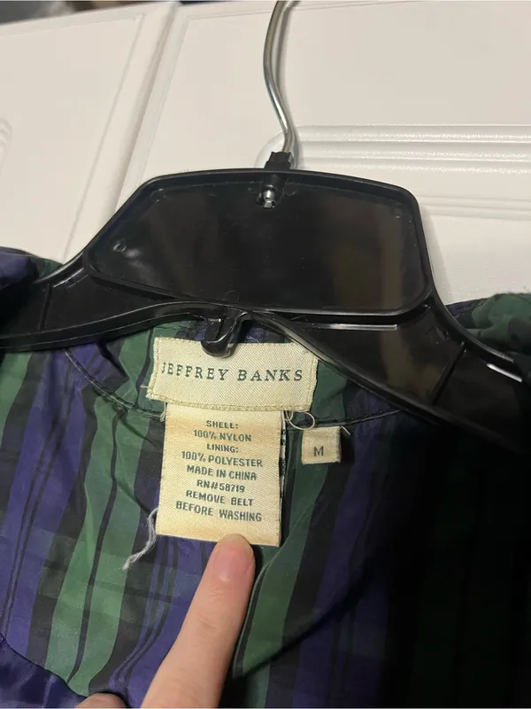 Vintage Jeffrey Banks Plaid Trench Coat Longline Belted Green Purple Size M - Image 14