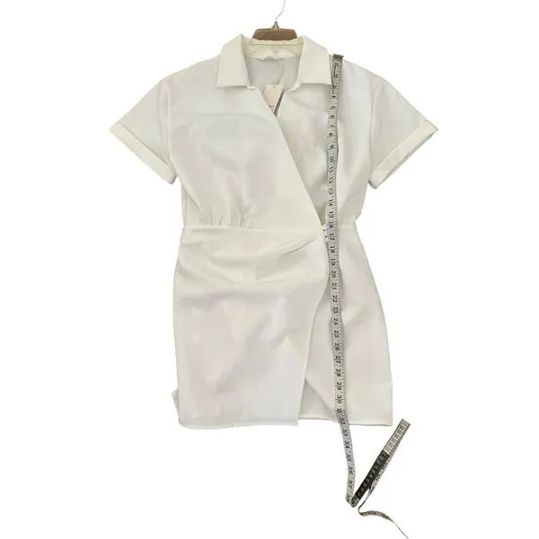 Commense Womens Collared Cuffed Sleeve Button Wrap Short Dress White Medium - Image 5