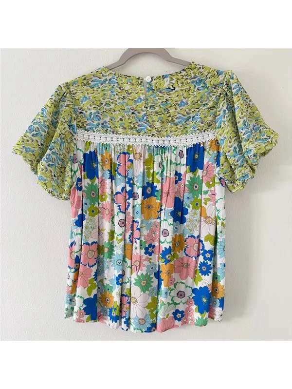 Floral Retro Dopamine Fairycore Bubble Sleeve Lace Coquette Blouse medium - Image 5