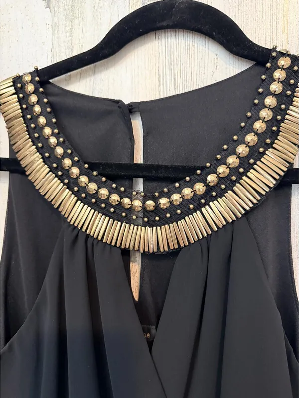 Women's XS Black Gold Brocade Beaded Collar Cocktail Dress - Image 3