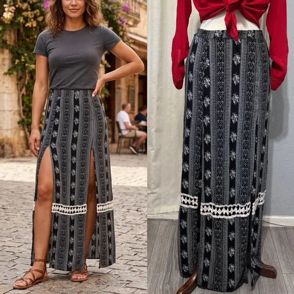 Bohemian Solemio Maxi Skirt M Black White Floral Striped Double Slit‎ Crochet - Image 2