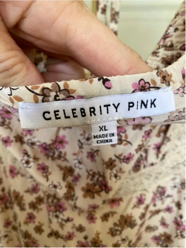 Celebrity‎ Pink Floral Mini Dress Coquette Milkmaid Babydoll Cottagecore XL Boho - Image 6