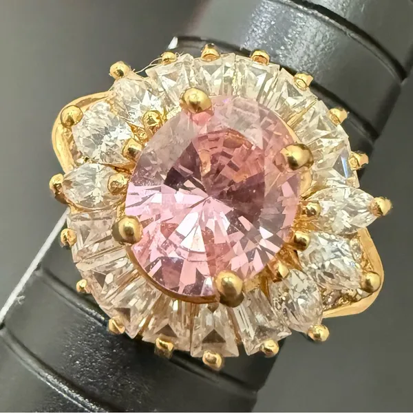 Vintage 925 Gold Over Sterling Pink Oval CZ Flower Cocktail Ring Size 8.5 7g. - Image 9
