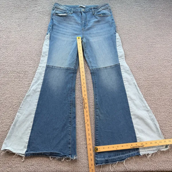 SO Goods for Life Women Patchwork Flare Jeans Blue Multi Colorblock Size 15 32W - Image 3
