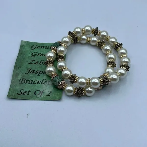 Artisan made set of 2 green zebra Jasper stretchy bracelets - Image 2