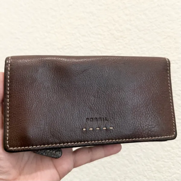 Vintage FOSSIL Brown Pebbled Leather Contrast Stitch Bifold Wallet - Image 3