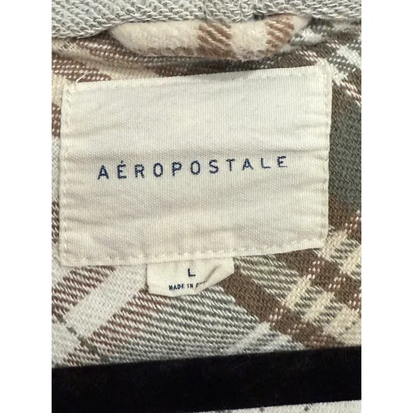 Aeropostale‎ Plaid Cropped Flannel Hooded Shacket Green Brown Large - Image 3