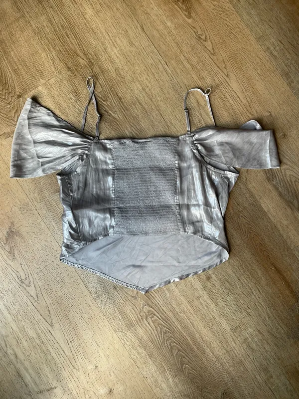 Free People Silver Satin Off-the-Shoulder Top - Image 5
